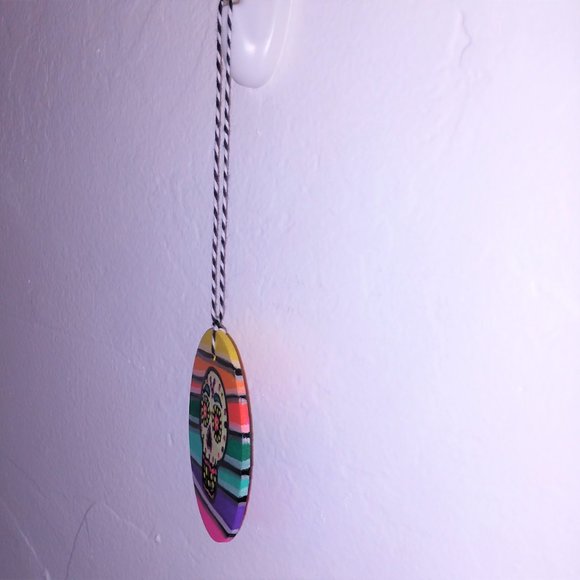 Handmade Ornament with Hand Painted Sugar Skull and Stripes For Dia De Muertos - Picture 6 of 16